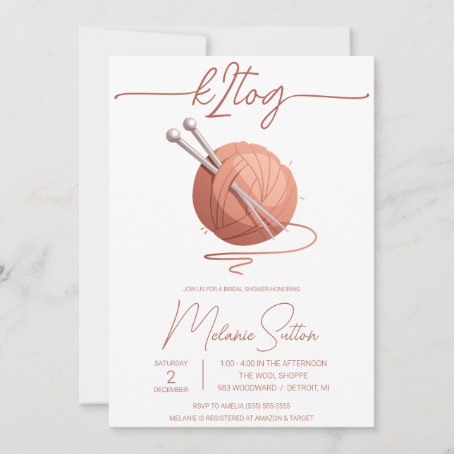 k2tog, Stricken, Rosa Ball aus Garn, Brautparty Einladung (Vorderseite)