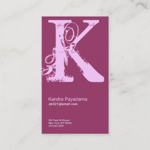 K-Buchstabe-Alphabet-Geschäfts-Karten-Rosa lila Visitenkarte