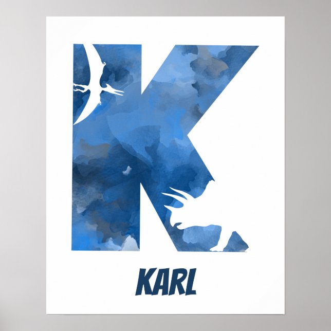 "K" Dinosaurier Watercolor Blue Child's Name Poste Poster (Vorne)