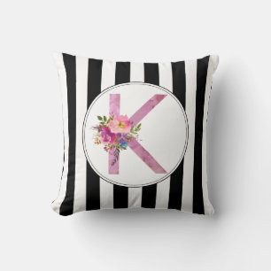 K, Floral Monogramm initial, Aquarellfarbe Blume Kissen