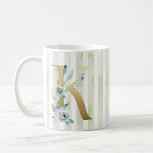 K Golden Initial auf blau-weiß Streifen Kaffeetasse