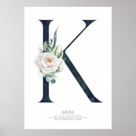 K Letter Monogram Weiße Blume und Grüne Poster