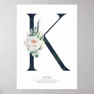 K Letter Monogram Weiße Blume und Grüne Poster