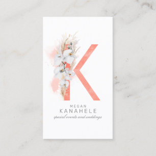 K Letter Monogram White Orchias and Pampas Grass Visitenkarte