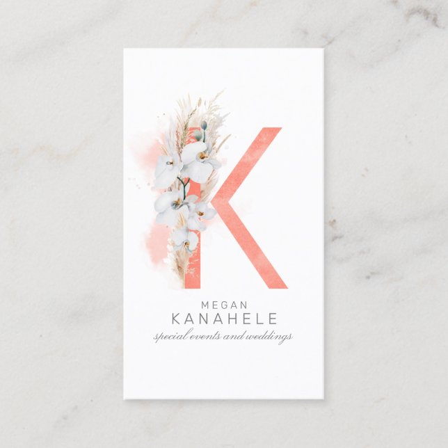 K Letter Monogram White Orchias and Pampas Grass Visitenkarte (Vorderseite)