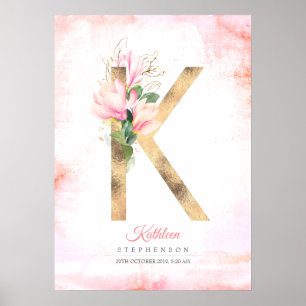 K Letter Monogramm Goldene Blätter Pinke Magnolie  Poster