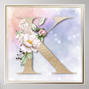 K Monogram Burgunder Blumenposter Poster