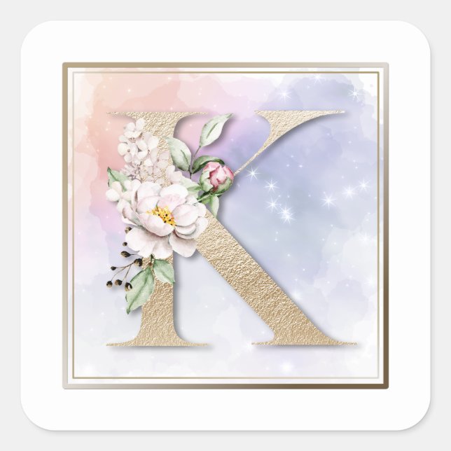 K Monogram Burgundy Floral Square Sticker (Vorderseite)