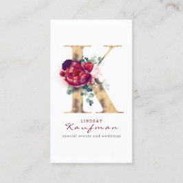 K Monogram Burgundy Red Florals und Gold Glitzer Visitenkarte