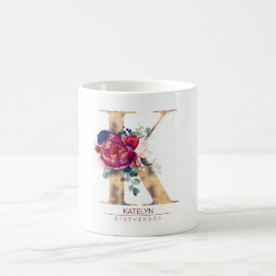 K Monogram Floral Burgundy Red and Navy Blue Kaffeetasse