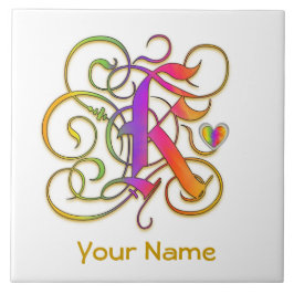 K Monogram, Ihr Name "Gothic Rainbow" Keramik Tile Fliese