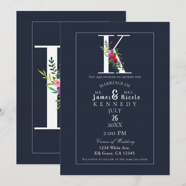 K Monogram Letzter Initiale Moderne Blaue Florale  Einladung (Vorne/Hinten)