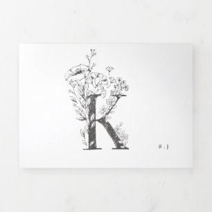 'K' Monogram Schöne gezeichnete Blumenhochzeit Dreifach Gefaltete Einladung