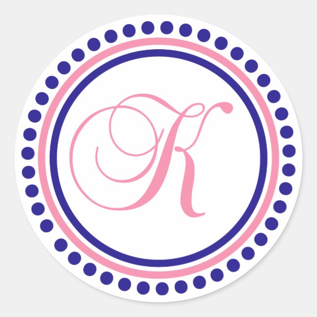 K Monogramm (Navy Blue/Pink Dot Circle) Runder Aufkleber (Vorderseite)