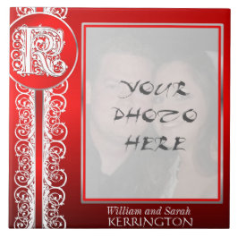 K Monogramm "Weiße Spitzen auf Rot" mit Foto - Til Fliese