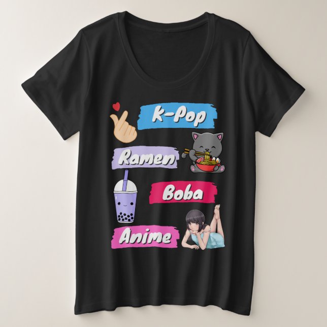 K-Pop, Ramen, Boba und Anime Pop Culture Fan Große Größe T-Shirt (Design vorne)