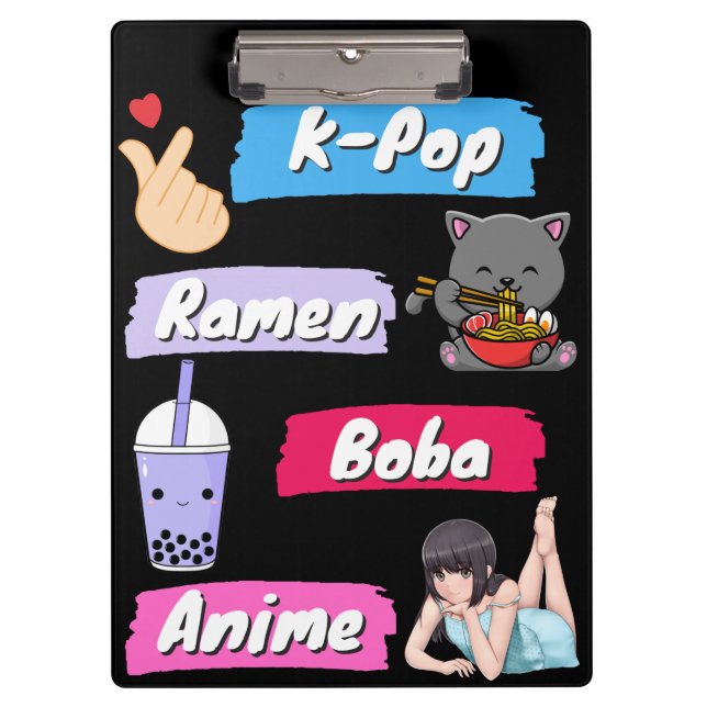 K-Pop, Ramen, Boba und Anime Pop Culture Fan Klemmbrett (Vorderseite)