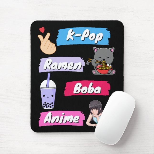 K-Pop, Ramen, Boba und Anime Pop Culture Fan Mousepad (Mit Mouse)