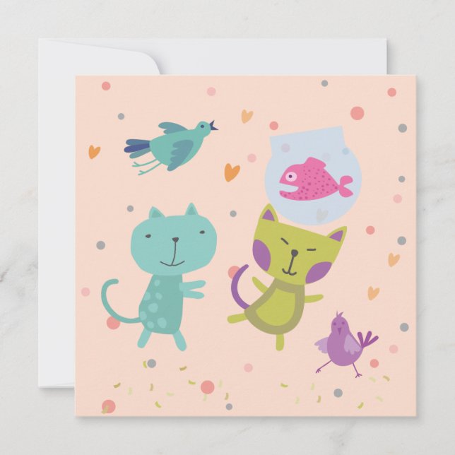 kaart felicitatie tekening 2 poezen en vis  karte (Vorderseite)