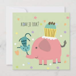 kaart uitnodiging feestje olifantje poes en taart karte