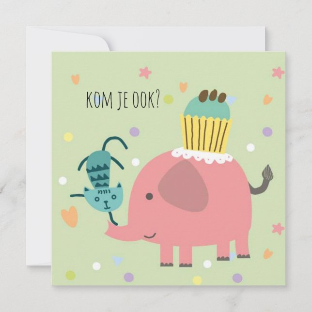 kaart uitnodiging feestje olifantje poes en taart karte (Vorderseite)