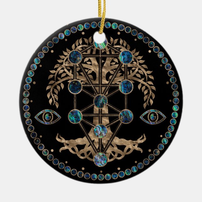 Kabbalah Der Baum des Lebens Abalone und Gold Keramik Ornament (Vorne)