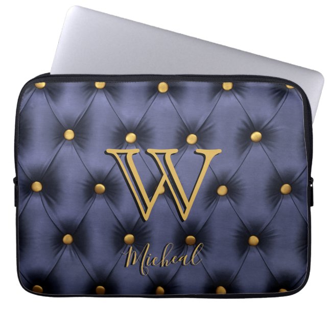 Kabelloser Navy- und Gold-Monogram-Laptop-Sieb Laptopschutzhülle (Vorderseite)
