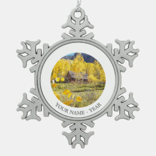 Kabine in den Espen Schneeflocken Zinn-Ornament