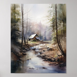 Kabine in der Wald Springtime Wasserfarbkabine Poster