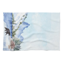 Kabine, See, Berge, Bäume, Bärenwinterlandschaft