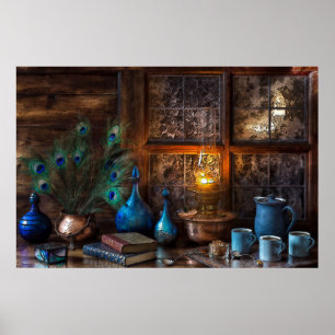Kabine von Lampenlichtszene Kupfer Federn Bücher Poster