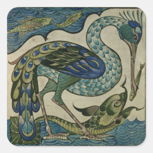 Kacheldesign von Heron und Fisch, von Walter Crane Quadratischer Aufkleber