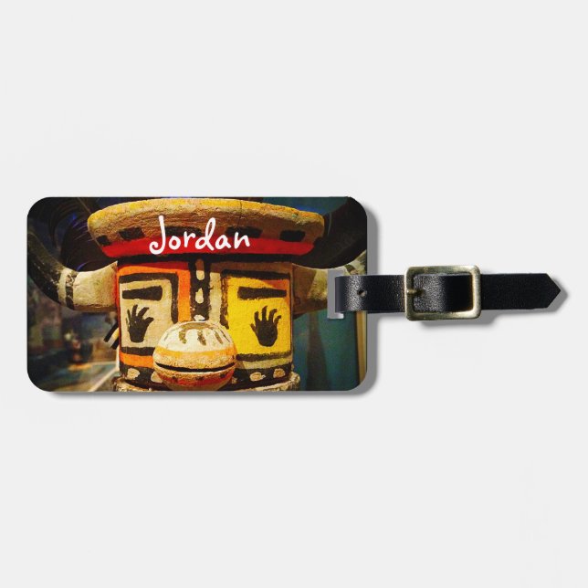 Kachina Doll Wood Face Foto Individuelle Name Nied Gepäckanhänger (Vorderseite horizontal)