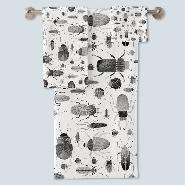 Käfer Schwarz & Weiß Badhandtuch Set (Inky black and white beetle painting towel set for bug and nature lovers.)