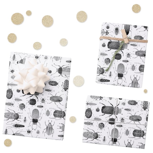 Käfer Schwarz & Weiß Geschenkpapier Set (Black and white bugs and beetles ink pattern gift wrapping paper )