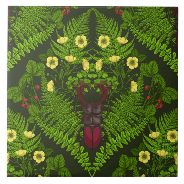 Käfer und Farne, grüne Blätter Fliese (Vorderseite)