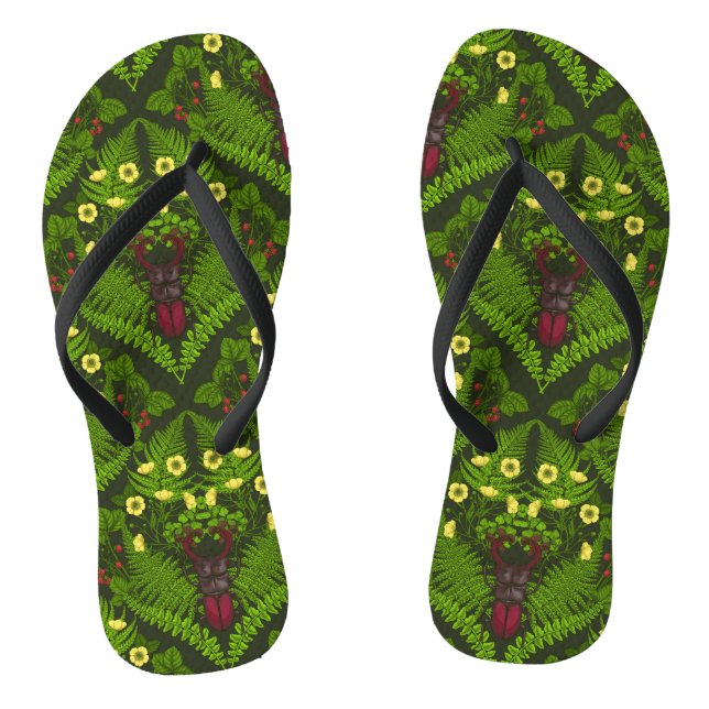 Käfer und Farne, grüne Blätter Flip Flops (Fußbett)