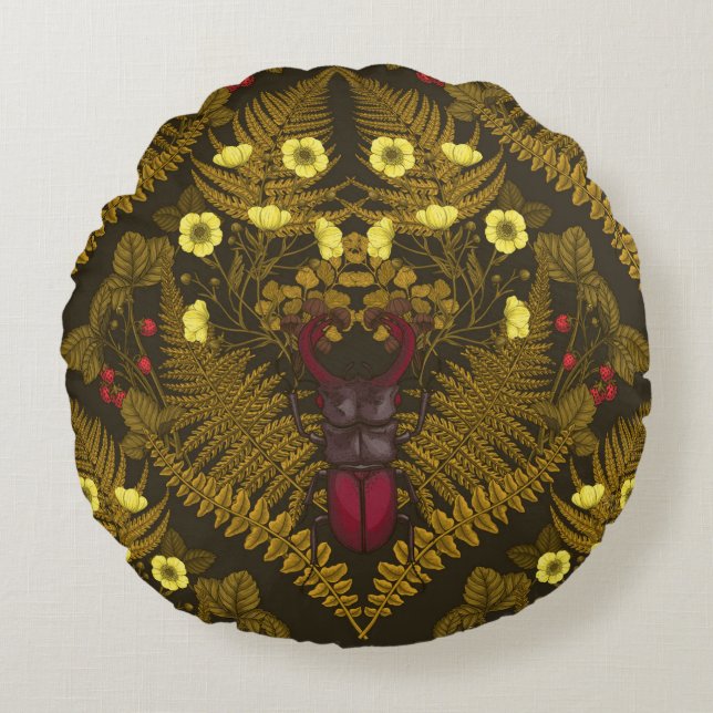 Käfer und Farne Rundes Kissen (Vorderseite)