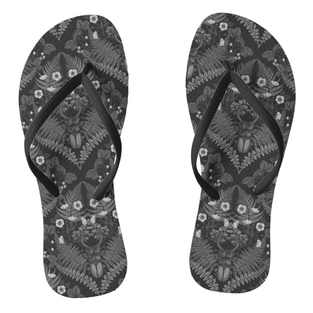 Käfer und Farne, schwarz-weiß Flip Flops (Fußbett)
