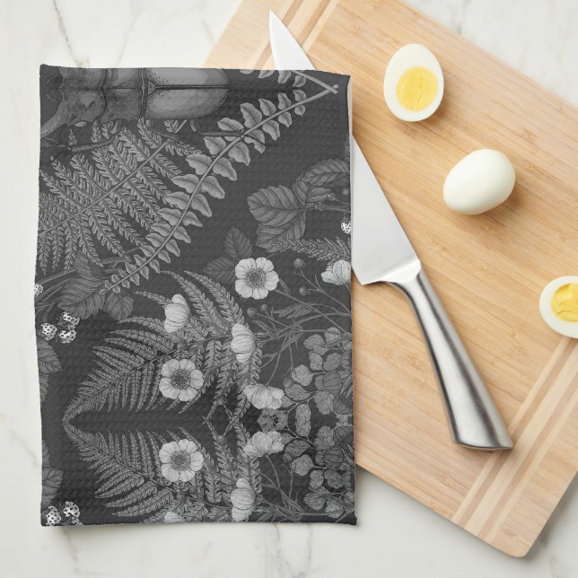 Käfer und Farne, schwarz-weiß Geschirrtuch (Viertel Falte)