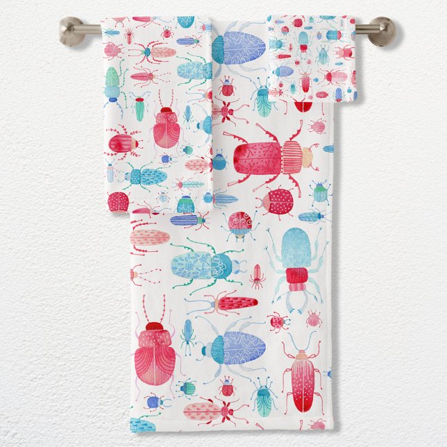 Käferfarbe Badhandtuch Set (Watercolor bugs and beetles nature art bath towel, hand towel, wash cloth towel set)