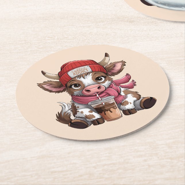 Kaffe Junkie Kuh Runder Pappuntersetzer (Angewinkelt)