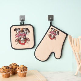 Kaffe süchtige Kuh Ofenhandschuh & Topflappen-Set
