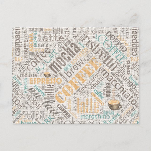 Kaffee auf Burlap Word Cloud Aquamarin ID283 Postkarte (Vorderseite)