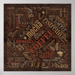 Kaffee auf Burlap Word Cloud Brown ID283 Poster