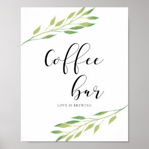 Kaffee Bar Aquarell Grüne Blätter Hochzeitszeichen Poster