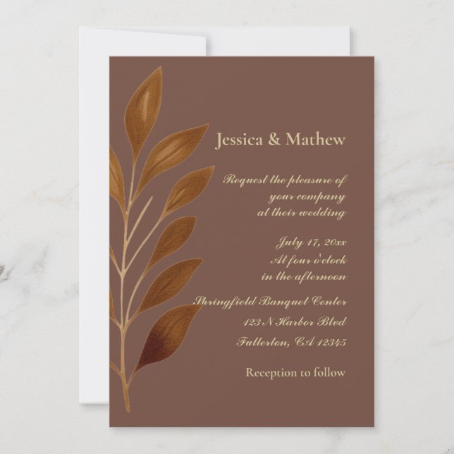 Kaffee Brown und Gold Leaf | Moderne Hochzeit Einladung (Vorderseite)
