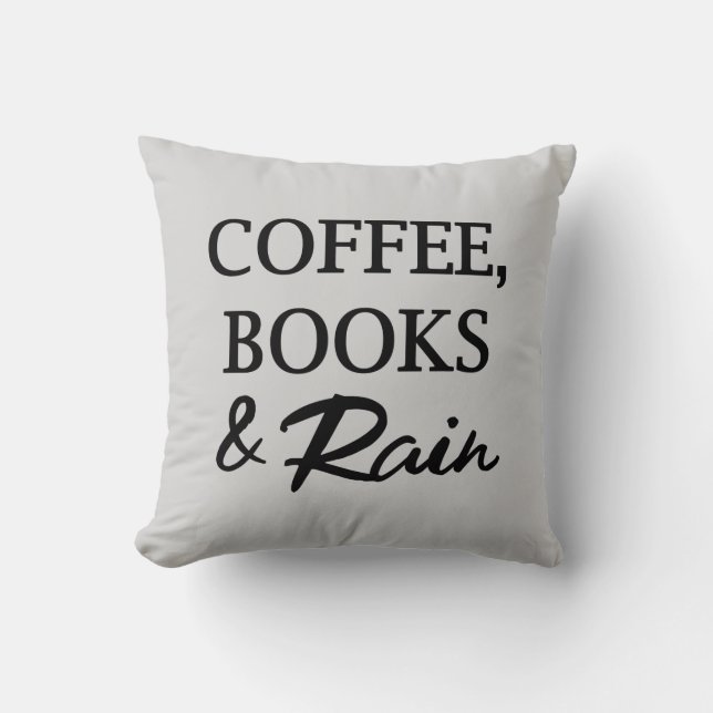 Kaffee, Bücher u. Regen-quadratisches Wurfs-Kissen Kissen (Vorderseite)