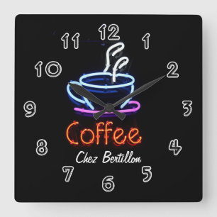 Kaffee Café Neon-Schriftzug personalisiert Quadratische Wanduhr