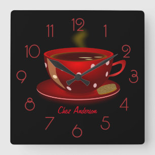Kaffee Café Rot und Schwarz Personalisiert Quadratische Wanduhr